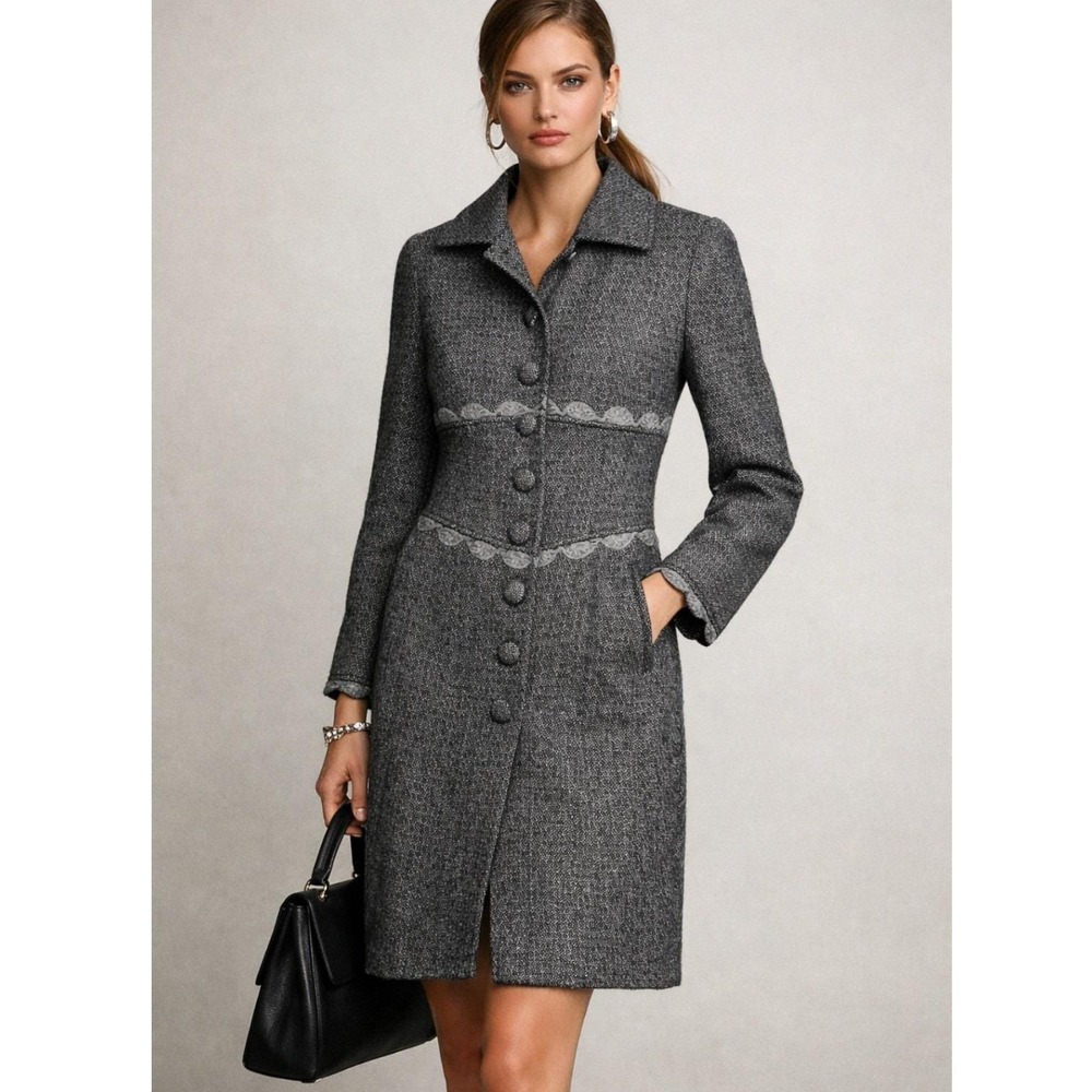 Vintage 90's Arden‎ B. Long Black White Wool Coat Jacket Gothic Crochet Trim XS